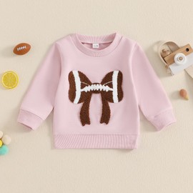 Karuedoo Toddler Baby Girl Football Outfit Football Bow Embroidery Crewneck Pullover Sweatshirt Long Sleeve Shirts Fall Tops (Pink, 12-18 Months)