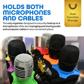 Multi Microphone Holder Cable Hanger & Organizer with Desktop Mic Stand - Square Tray Attachment holds up to 6 mics On Stage Organizer and Display - 6 Anti-roll Rings Included