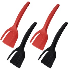 4 Pack Egg Flipper Spatula, 2 in 1 Grip and Flip Spatula Tongs, Multi-purpose Non-Stick Kitchen Spatula Tong Grill Clamp for Kitchen Cooking Baking Tool (Red and Black)