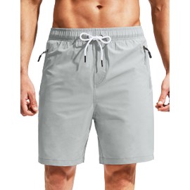 Viodia Men's Swim Trunks with Compression Liner Quick Dry Board Shorts Swimsuit Swimwear for Men with Zipper Pockets Light Grey