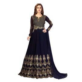 TRENDMALLS Kurta Set Georgette Embroidery Indian Pakistani Long Anarkali Gown for Women Ethnic Dress, Dark Blue, 3X-Large