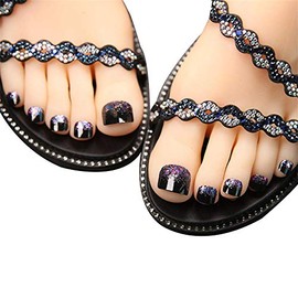 24Pcs False Toe Nails for Women and Girls Full Cover Fake Toenails Glitter Decorated Press On Toenails with Glue