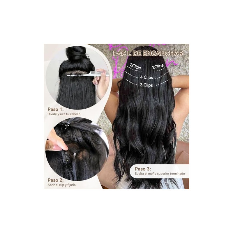 Extensiones de Cabello con Clip, Invisible Onduladas, 6 piezas, Ajustable