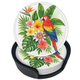 Famame 6 Pcs Tropical Leaves Parrot Toucan Leather Coasters for Drinks with Holder Coaster Sets Drink Table Cup Coasters for Living Room Kitchen Coffee Decor