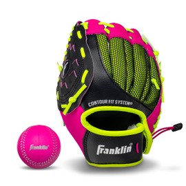 Franklin Sports Teeball Glove - Left and Right Handed Youth Fielding Glove - Neo-Grip - Synthetic Leather Baseball Glove - 9.0 Inch Left Hand Throw - Ready to Play Glove with Ball - Pink