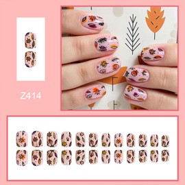 Fall Maple Leaf Press on Nails Square Short Fake Nails Thanksgiving False Nails With Autumn Maple Leaves Designs Full Cover Stick on Nails Acrylic Glossy Artificial Nails for Women Glue on Nails 24Pcs