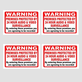 4 x WARNING Premises protected by 24 hour audio & video surveillance - Reverse Window Sticker - 100 mm Wide x 70 mm High - Printed side goes against the glass, so the image is visible from outside