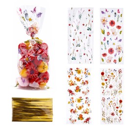 lasuroa 100pcs Wildflower Treat Bags, 4 Designs Plastic Flower Candy Gift Bags with 100 Twist Ties Floral Party Favor Supplies for Spring Party Birthday Wedding Packing