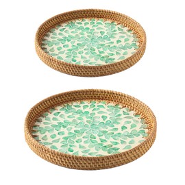 2pcs Handmade Rattan Tray Colorful Shell Fruit Plate Household Coffee Table Storage Tray Bread Snack Plate for Living Room