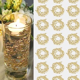 Relleno de jarrón dorado para velas flotantes, jarrones cilíndricos, decoraciones de centro de mesa, 94 pies de cuerdas de perlas sintéticas cortables, relleno para velas flotantes, bodas, cenas