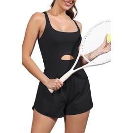 ReachMe Womens Running Onesie Workout Rompers Athletic Romper One Piece Outfits Exercise Jumpsuits Gym Yoga Clothes(Black,M)
