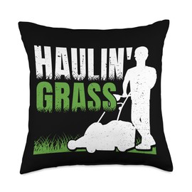 Lawn Mowing Haulin' Grass during Lawn Care Haulin' Grass Mower and Mowing Men Lawn Care Throw Pillow, 18x18, Multicolor