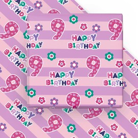 WRAPAHOLIC 9th Birthday Wrapping Paper - 6 Sheets Pink Happy Birthday with Floral Design Folded Flat for Parties, Baby Showers - 19.7 Inch X 27.5 Inch Per Sheet