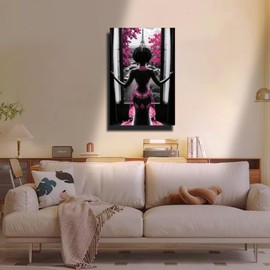 African American Wall Art Paris Black Girl Modern Painting Canvas Prints Pink Bathroom Decor Pink And Black Room Decor Home Office Framed Artwork 12 * 18 inch
