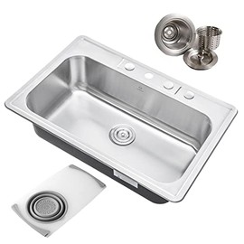 CozyBlock 33 x 22 x 9 Inch Top-mount / Drop-in Stainless Steel Single Bowl Kitchen Sink with Strainer and Cutting Board - 18 Gauge Stainless Steel-4 Faucet Hole
