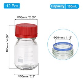 PATIKIL 12 Pack Reagent Media Storage Bottles, 100ml Borosilicate Glass Graduated Round Bottles with GL32 Red Screw Cap for Lab Water Reagent Liquids, Clear