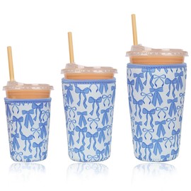 Reusable Insulated Neoprene Iced Coffee Cup Sleeve, Durable Drink Sleeve for Cold Beverages, Beverage Holder for Iced Coffee, Blue Bows