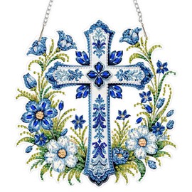EOBROMD Cross Diamond Painting Window Pictures, 5D Flowers Diamond Painting Pendant Decoration with Chain, Diamond Painting for Wall and Entrance Decoration