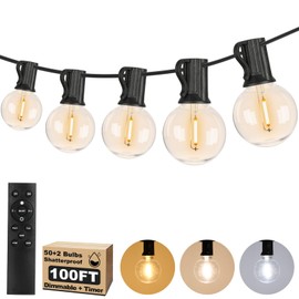 100FT LED Outdoor String Lights with 3 Color Lights, Dimmable String Lights for Outside with Remote, G40 Globe Waterproof Patio Lights with 50+2 Shatterproof Bulbs for Party Backyard BBQ House Camping