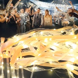 U-MOJOK 24 PCS Light Up Wands Ribbon Streamers Sticks, Glow Wedding Send Off, LED Silk Fairy Wands with Bells for Reception,Graduation, Birthday (Champagne White)