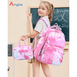 Amythe School Backpack Girls 3 Pieces Backpack School Teenager Primary School Middle School Bag Set Lunch Bag Pencil Case Children's Backpack School Bag for 3-9 Grades 30 Litres, 8489# Pink, Rucksack