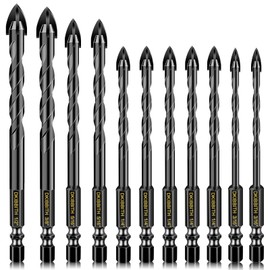 11-pc Carbide Masonry Concrete Drill Bit Set for Stone Tile Brick Ceramic Glass Metal Sheet Plastic Wood, Quick Change 1/4" Hex Shank, Size 3/16" 1/4" 5/16" 3/8" 1/2" with Storage Case