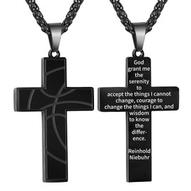 GLITTO Basketball Cross Necklace for Men Boys Kids Stainless Steel Pendant Chain Religious Christian Baptism First Communion Confirmation Jewelry Gift Christmas Valentine's Day Serenity Prayer Black