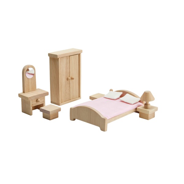 PlanToys Wooden Classic Line of Dollhouse Furniture- Parent's Master Bedroom Set (9016) | Sustainably Made from Rubberwood and Non-Toxic Paints and Dyes | PlanNatural Classic Wooden Toy Collection