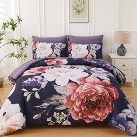 Dintszyayue Floral Bed in a Bag 7 Pieces Dark Purple Comforter Set Queen, Elegant Flower Bedding Sets Soft Bed Comforter Set for All Season with Flat Sheet, Fitted Sheets, Pillowcases & Shams