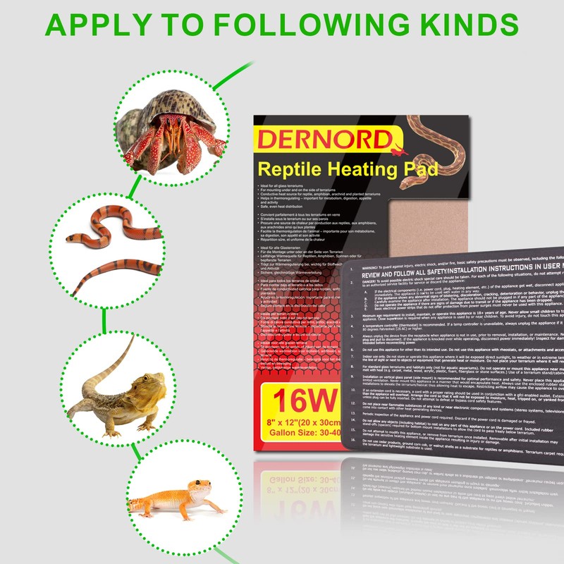 DERNORD Heat Mat with Thermostat - 16W Reptile Heat Pad