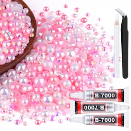 80g Flatback Pearls and Rhinestones for Crafting, Pink White 3-10mm Resin Rhinestones and Half Pearls for Bedazzling, Nail Art and Dec with 3pcs 10ml B7000 Jewelry Glue, Tweezer and Pickup Pencil