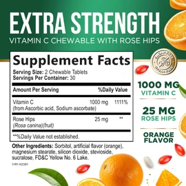 Vitamin C Chewable 1000mg - Extra Strength Antioxidants for Powerful Immune Support w/Vitamin C & Rose HIPS - Potent Dietary VIT C Chews Supplement, Natural Orange Flavor, Vegan, Non-GMO - 60 Tablets