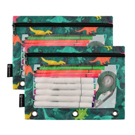 Colorful Dinosaurs Green Pencil Pouch for 3 Ring Binder, Pencil Bag Pencil Case Cosmetic Bag with Zipper Clear Window for Office Travel Cosmetic, 2 Pack