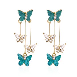 Peasimy Purple Butterfly Tassel Stud Earrings for Women Long Butterfly Crystal Rhinestone Drop Dangle Earrings Wedding Jewelry Gifts (Blue)