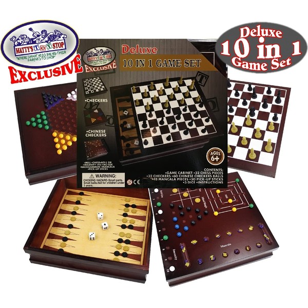 Matty's Toy Stop Exclusive Deluxe 10-in-1 Chess, Checkers, Tic Tac Toe, Backgammon, Mill, Roll Em, Insanity, Chinese Checkers, Mancala & Pick-Up Sticks Wooden Cabinet Game Set