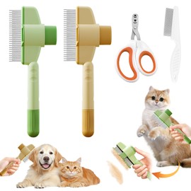 Cat Flea Comb Pet Grooming Set, 2Pcs Pets Hair Removal Combs with Release Button, with 1Pc Comb and 1Pc Pets Nail Clipper, Hair Grooming Tool for Dogs and Cats