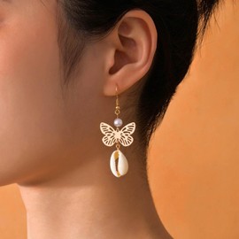 Allereya Vintage Cowrie Drop Earrings Puka Shell Dangle Earrings Hollow Butterfly Dangling Earrings Gold Butterfly Earrings Jewelry for Women and Girls