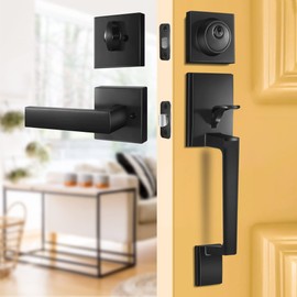 BonKuDoo Matte Black Front Door Handle with Single Cylinder Deadbolt, Front Door Lock Set, Exterior Door Handle and Door Lever