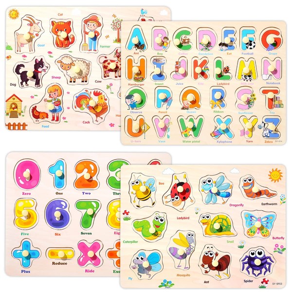 Wooden Peg Puzzles Set for Toddlers 3 4 Years Old, Alphabet ABC, Numbers and Farm Animals Learning Puzzles Board for Kids, Preschool Educational Pegged Puzzles Activity Toys Gift for Boys Girls