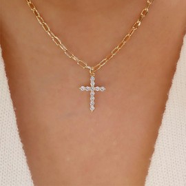 Cimenexe Bohemian Crystal Cross Choker Necklace Gold CZ Cross Pendant Necklace Rhinestone Paved Crucifix Necklace Paper Clip Link Chain Necklace Jewellery for Women and Girls Gifts, Zinc, No Gemstone