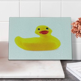 Ambesonne Rubber Duck Cutting Board, Yellow Squeak Ducky Toy Fun Bubble Bath Animal Room Duckling Print, Decorative Tempered Glass Cutting and Serving Board, Small Size, White and Yellow