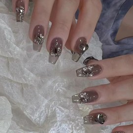 Nail Tips, False Nails, Long Nail Tips, 24 Pieces, 3D Nails, Jirai-kei Style, Korean, Mass Production Type, Cosplay Nails, Fashionable, Popular, Gel Nails, Reusable, Ribbon, Nails, Beads, Nail