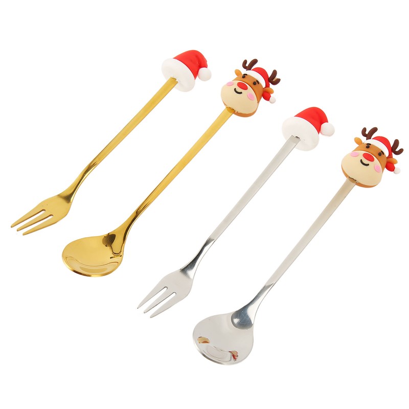 4Pcs Christmas Spoons and Forks Set Stainless Steel Cartoon Funny