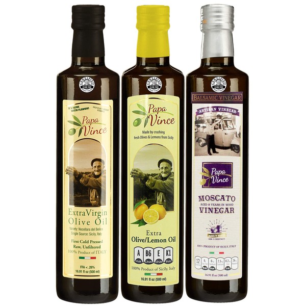 Papa Vince Olive Oil Gourmet Gift: Lemon, Classic & Balsamic made by our family in Sicily, Italy with local crops.Delicate flavors perfect pairing with cheese & roasted vegetables. Keto, Paleo, Vegan