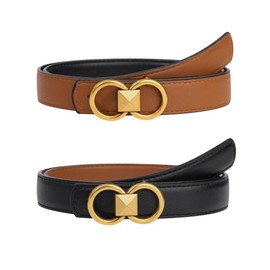 Kajeer Reversible Leather Belts for Women,2 in 1 PU Black and Brown Leather Belt with Removable Gold Buckle 9 Adjustable Holes for Jeans Pants Dresses(S, Brown)