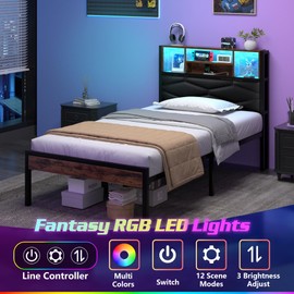 VECELO Bed Frame Twin Size with 2-Tier Storage Headboard and Charging Station, Upholstered Platform Bed with LED Lights, Heavy Duty Metal Frame Support, No Box Spring Needed, Noise Free, Brown