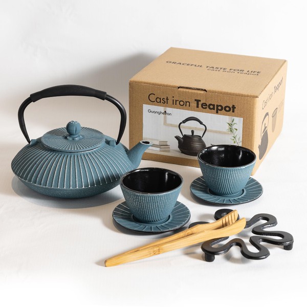 GUANGHEIRON Cast Iron Teapot Set with 2 Tea Cups, 7Pcs