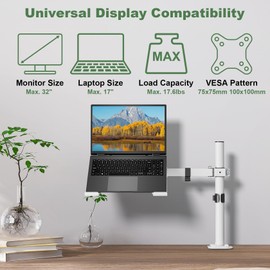 UPGRAVITY White Laptop Desk Mount with Vented Tray for Notebook up to 17 inch, Fully Adjustable Single Laptop Arm Stand Holds up to 17.6 lbs, Clamp on/Grommet Mounting