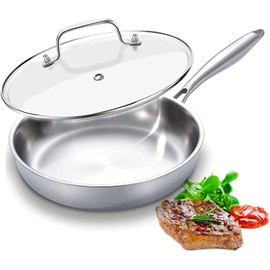 DELARLO Stainless Steel Pan丨10 Inch Skillet with Lid丨Oven Safe Up to 600℉丨Triply Stainless Steel Cookware丨Stainless Steel Pan 10 in丨Induction Compatible丨Fast Even Heat丨Large Cooking Surface