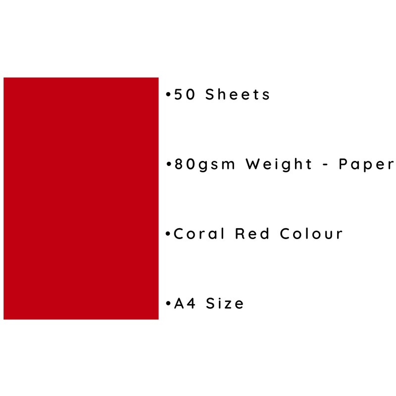 Coral Red A4 Coloured Craft Paper 80gsm (50 Sheets)